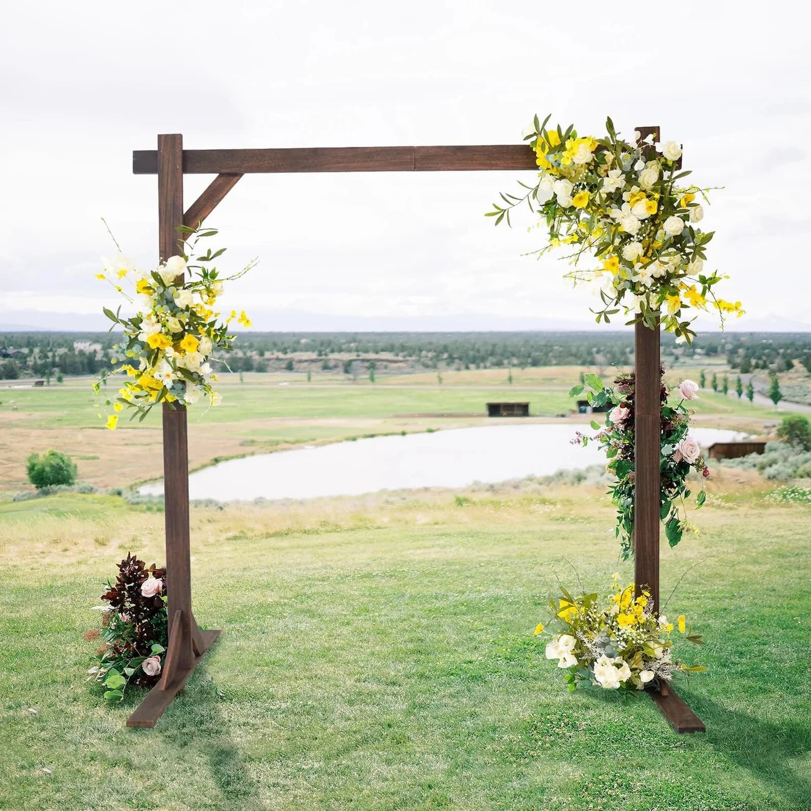 Modern wood beam arch ceremony setup